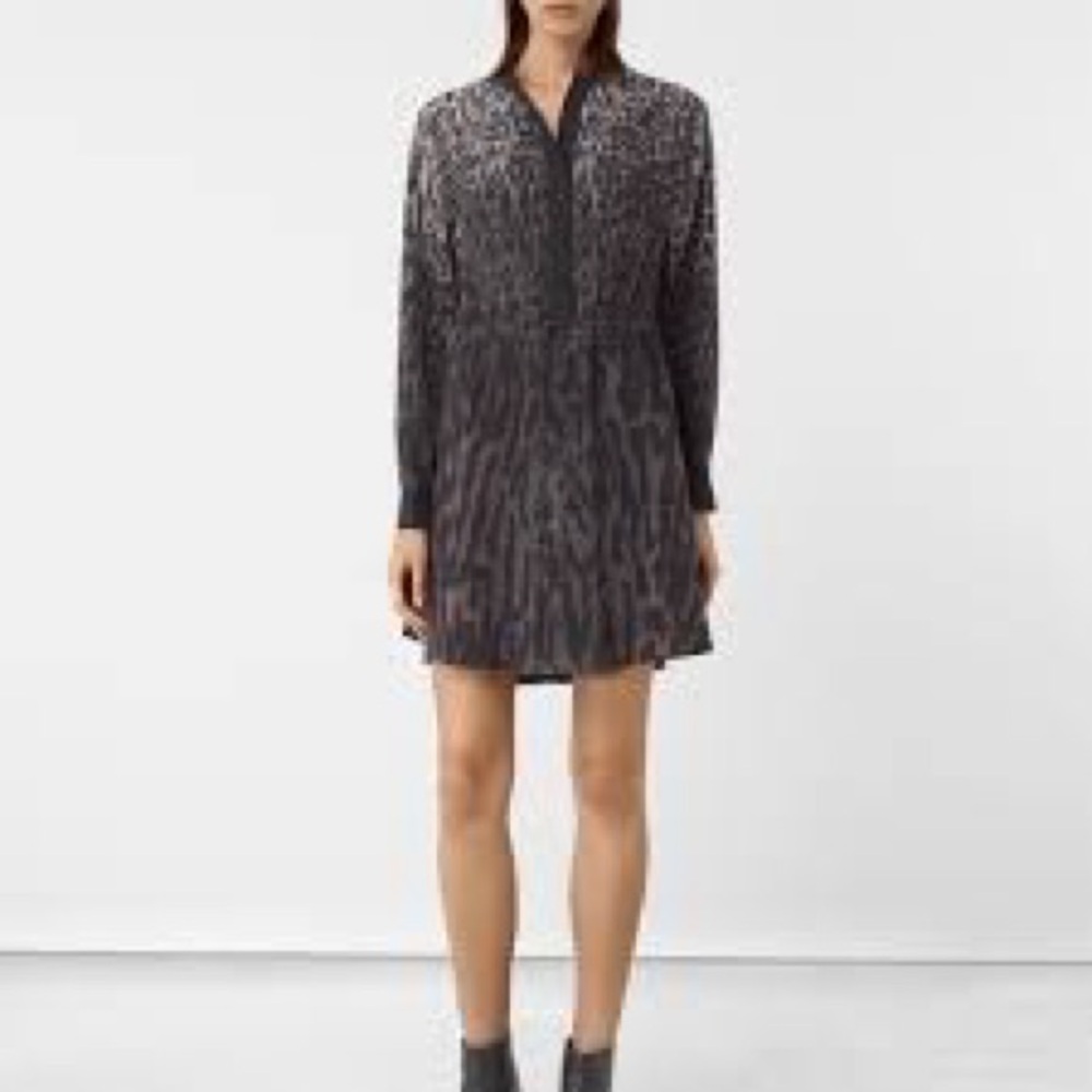 AllSaints Sanko Sinai Silk Shirt Dress Animal Print Leopard Print Black Grey 8 - Picture 9 of 9